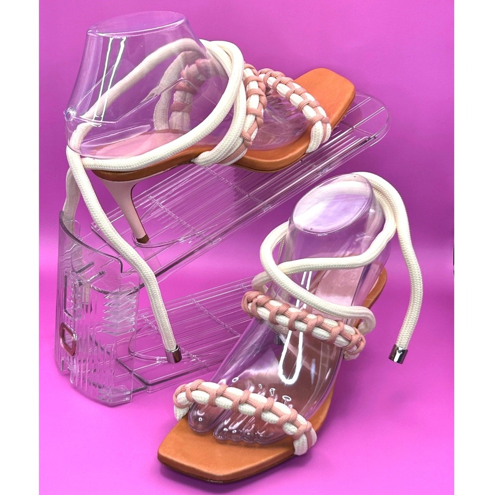 Schutz Kirah Rope Wrap High Heel Sandals Pink/Beige  Square Toe Size 7.5B NEW